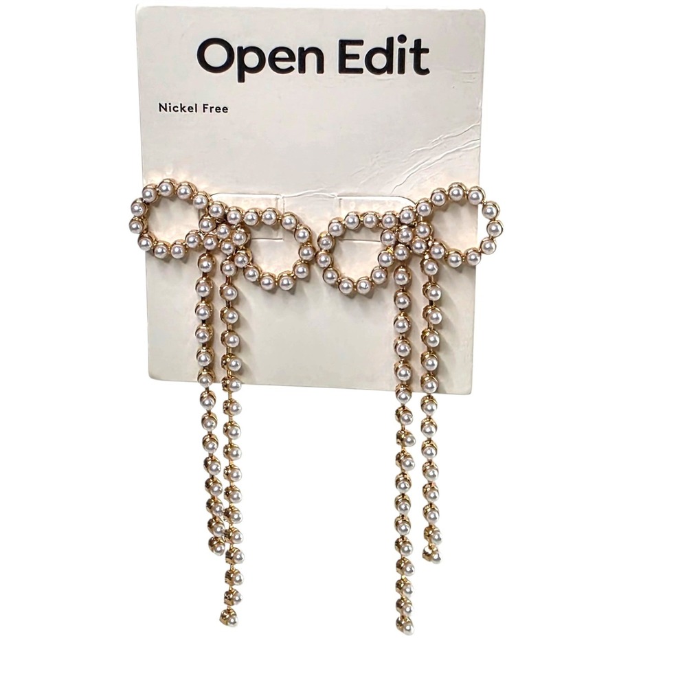 Bow Pearl Dangle Earrings Gold‎ Tone Nordstrom Coquette Glam Prom